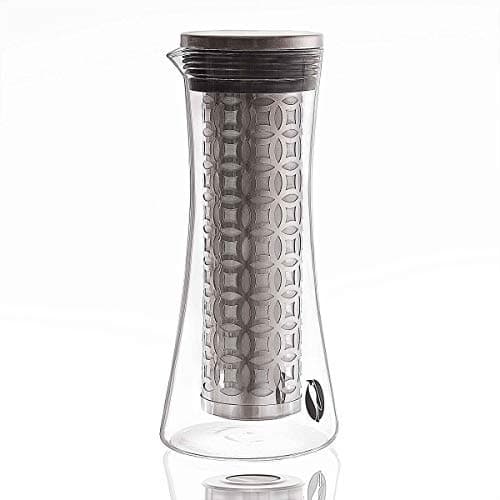 Cold Brew Iced Coffee Maker 1.6 Liter- Customers Spoke, We Listened. Version 2.0 Now Available! Thicker, Stronger Glass Pitcher. Dual Layer Stainless Steel Filter w Microscopic Holes