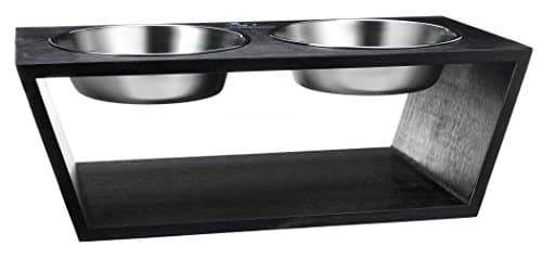 PoochMaison Premium Elevated Double Raised Bowl Stand, Pet Feeder with Two Stainless Steel Bowls. Great for Dogs and Cats. (Medium, Black)