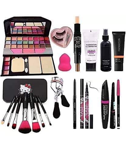 Raytrix TYA 6155 Makeup Kit and 7 Black Makeup Brushes,Contour Stick,Primer,Fixer,Foundation,Kajal,36H Eyeliner,Eyelashes & Curler, Beauty Blender & 3in1 Liner,Mascara,Eyebrow Pencil - (Pack of 20)