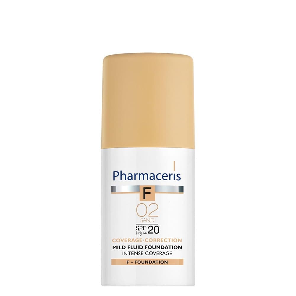 Pharmaceris F Intense Coverage Mild Fluid Foundation SPF 20, 30 Ml(02 Sand) – Lightweight Creamy Formula With Sodium Hyaluronate Milk Thistle Honeysuckle And Vitamin B3 For Sensitive Skin
