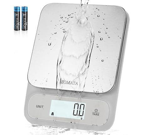 BOMATA Waterproof IPX6 Kitchen Scale, 0.1 g/0.01 oz High Precision, 5 kg/11 lbs, Digital Scale with Backlight, Stainless Steel Weighing Platform, for Food, Cooking, Weight Loss.. B619, White&Grey