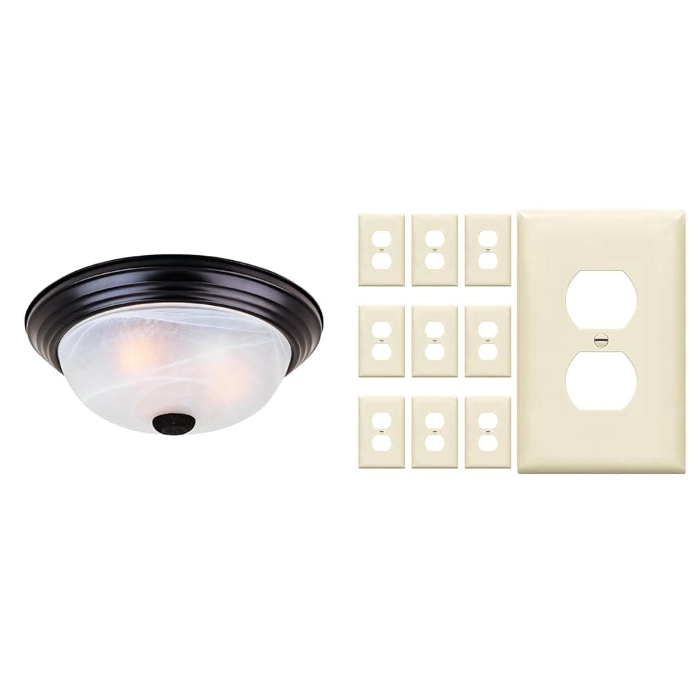 Designers 11" 2-Light Flush Mount Ceiling Light, ENERLITES 10 Pack Midway Outlet Wall Plates