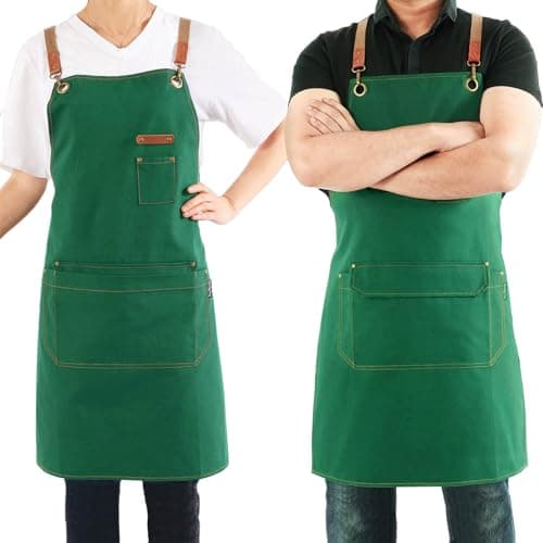 Canvas Apron with Pockets and Cross-back Straps for Chef Kitchen Cooking BBQ, Barista Bartender Barber Shop and Art Gardening Work Professional Aprons - Green