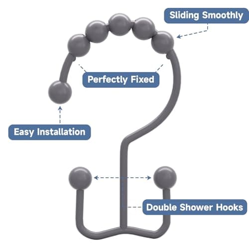 Shower Curtain Hooks Rings, Rust-Resistant Metal Double Glide Shower Hooks for Bathroom Shower Rods Curtains, Set of 12 Hooks - Neutral Gray