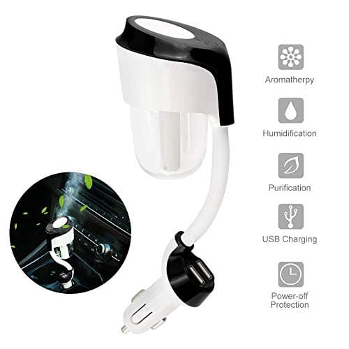 GenLed Car Humidifier, Car Diffuser, Cool Mist Car Air Purifier with 2 USB Charger, 12V Mini Car Aromatherapy Diffuser, Portable Car Essential Oil Diffuser, Car Diffuser Filters Gift (Black)