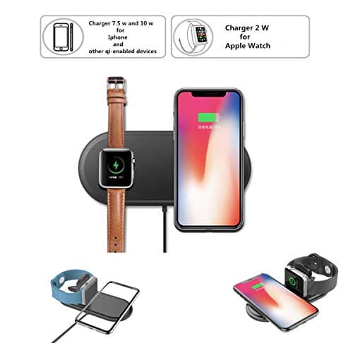 Nuoshawan 2 in 1 Qi Wireless Charging Pad Fast Charger Compatible iPhone X XS MAX XR 8 8 Plus, Samsung S8 S7 Edge S6 Edge+ Note 8, Nexus 5/6/7 iWatch Apple Watch Series 1/2/3/4