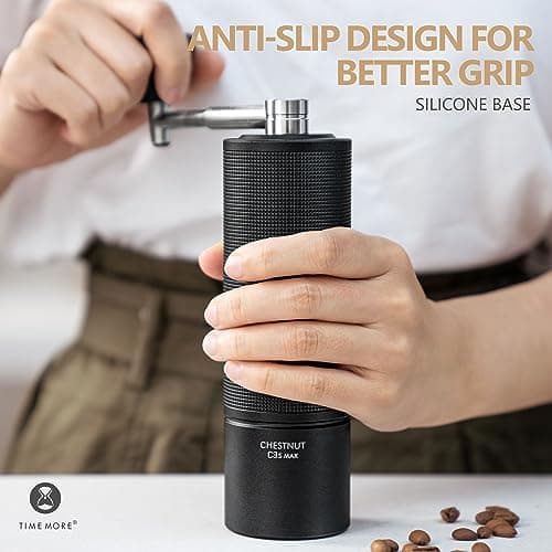 Manual Coffee Grinder Chestnut C3s Max, Larger Capacity, All-Metal Coffee Grinder, Folding Handle, Stainless Steel S2C Conical Burr, Adjustable Grind Setting -Black