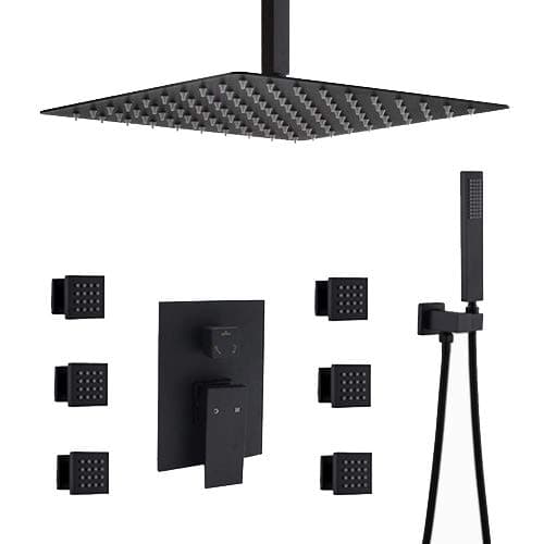 AYIVG Bathroom Brass Black 12 Inch Ceiling Rainfall Shower Head System With 6 Pcs Body Jets Mixer Set