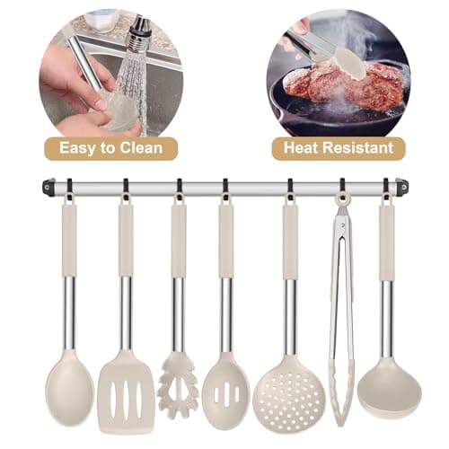 E-far Khaki Silicone Cooking Utensils Set of 7, Kitchen Accessories for Kitchen