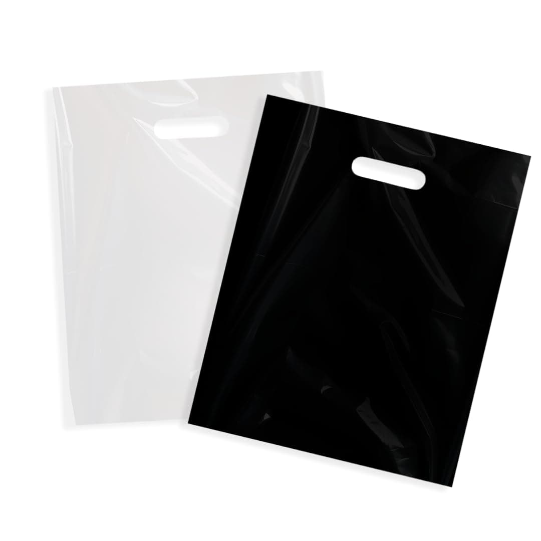 200 12" X 15" Medium Black and White Merchandise Bags, Comfortable Die Cut Handles, Premium, Strong, Durable, Tear-Resistant Glossy Bags, Perfect for Retail, Boutiques, or Any Other Events