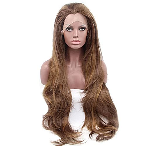 sylvia Long Brown Highlight Blonde Lace Front Wig Natural Wave Synthetic Lace Front Brown Wigs Free Parting 180% Density Half Hand Tied Heat Resistant Fiber Hair for Woman Drag Queen 24inch