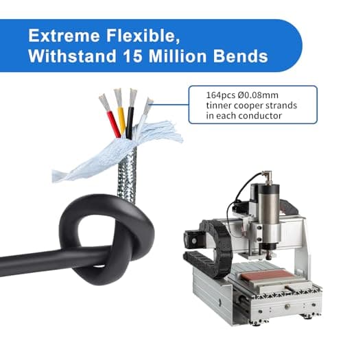 18AWG Shielded Chain CNC Wire (12FT) UL2464 Tinned Copper Core Extreme Flexible 18 Gauge 4 Core Cable Electrical Wire for CNC Router Machine, CNC Spindle, Robot Arm,3D Printer,etc