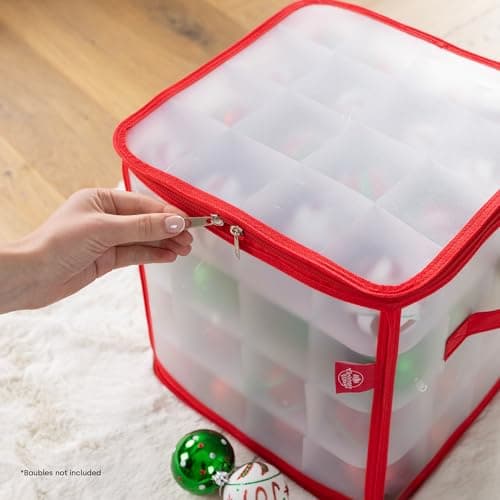 Bauble and Decoration Storage Cube with Padded Dividers for 64 Xmas Ornaments – Heavy Duty Folding 4 Layer Holder with Separators, Zipped Lid and Handles (Red)