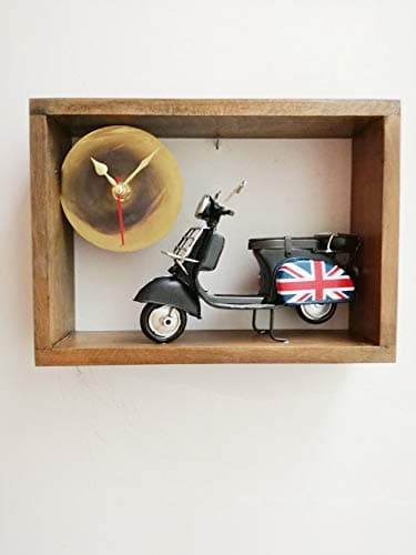 Black scooter clock, grey wooden frame clock with black scooter, miniature, Britsh flag scooter