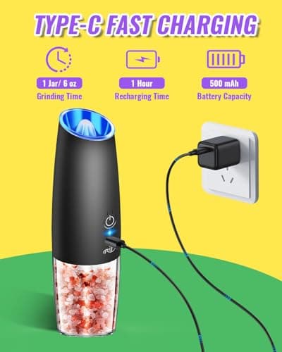 XinXu Upgraded Rechargeable Gravity Electric Pepper and Salt Grinder Set with LED lights,Stainless Steel Automatic Pepper or Salt Grinder Mill Shaker Refillable with Adjustable Coarseness,(Black)