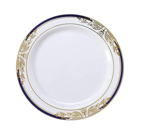Elegant China-Look Re-usable Plastic Plates - 7.5" (19cm) - White/Gold/Cobalt Blue - Pack of 10
