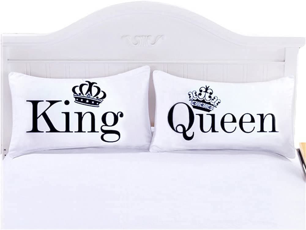 2 PCS His and Hers Matching Couple Pillowcases Crown Queen King Pillowcase Romantic White Pillow Case Set with Envelope Closure End 20x36 inch