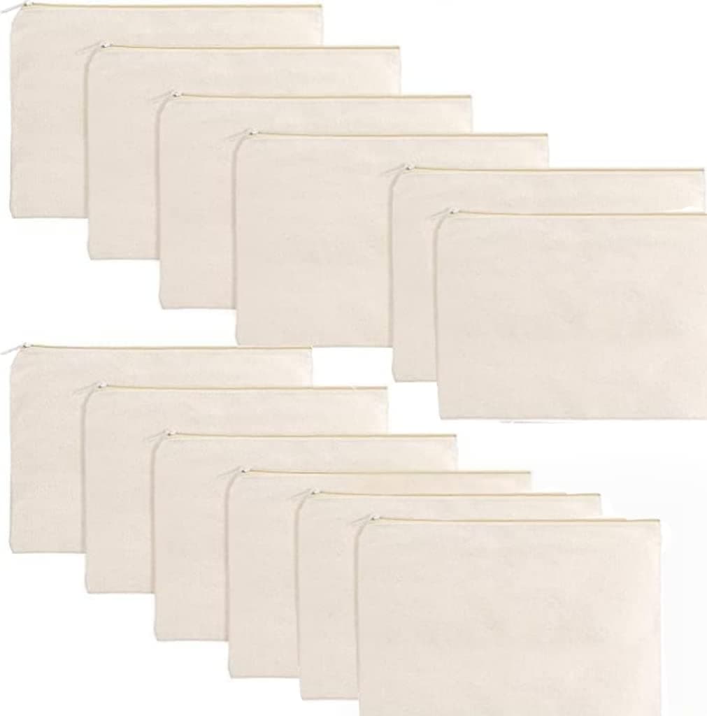12 Pack 9.2" x 6.8" Canvas Zipper Pouch Bulk, Customizable DIY Craft Blanks Multipurpose Pencil Case Makeup Bag Toiletry Travel Organizer (Beige)