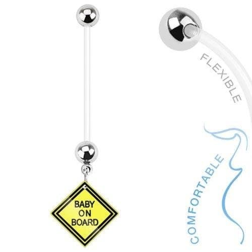 Body Accentz Belly Button Ring Bio Flex Pregnancy Navel Ring with Baby on Board Sign Dangle HO2472