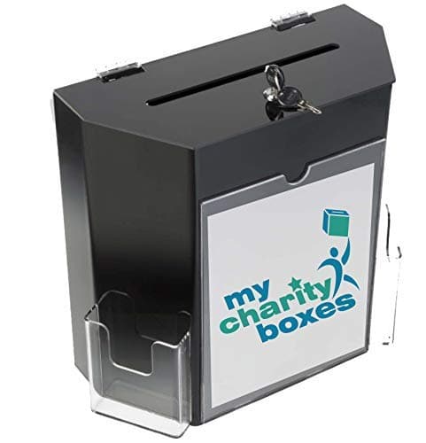 Charity Donation Acrylic Ballot Box w/Display Frame, Lock & 2 Pockets, Wall mounting or Tabletop (Black, Small)