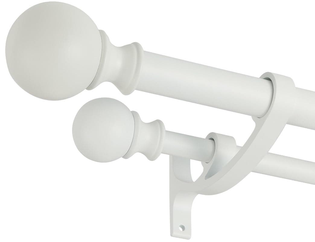 Matte White Double Curtain Rods - 28-48 Inch Decorative Drapery Rod with Round Finials