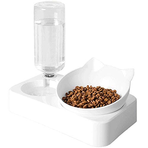 JWShang Double Cat Bowls with an Automatic Water Bottle, Elevated Bottom Pet Food Water Feeder, Adjustable Tilted Pet Feeding Bowl Dishes for Cat and Puppy, Nonslip No Spill Pet Food Bowl
