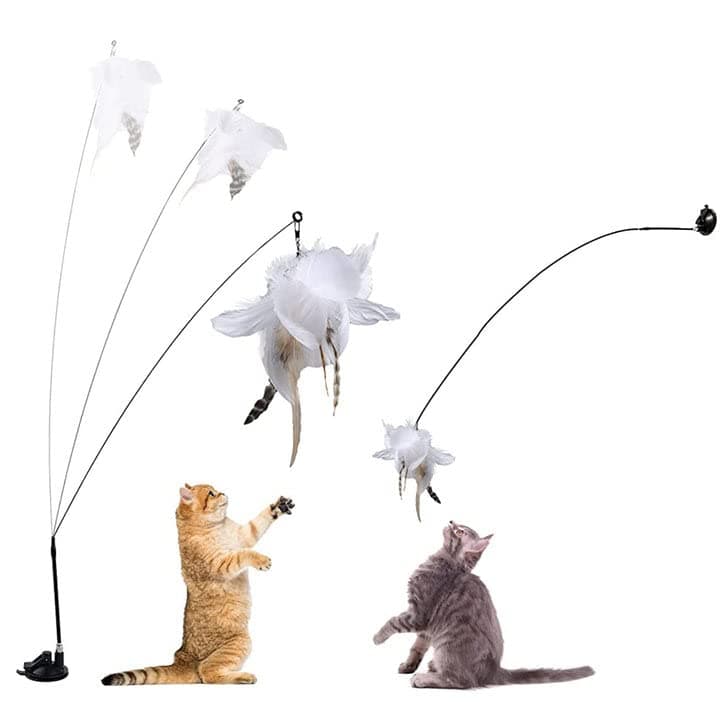 Interactive Cat Wand Toy with Feather Teaser, Flexible Steel Wire Pole, Detachable Suction Cup Base, Eco-Friendly Durable Design for Indoor Play and Exercise