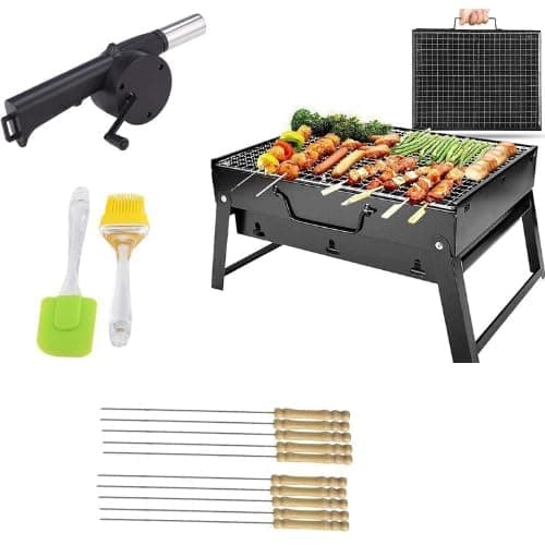 Barbecue Grills - Foldable Charcoal Barbeque Grill With (2 Spatula, 1 BBQ, 10 Stick & 1Air Blower) Outdoor Bbq Grill Tools For Camping Picnics Traveling - Stellar Black ( Barbecue set )