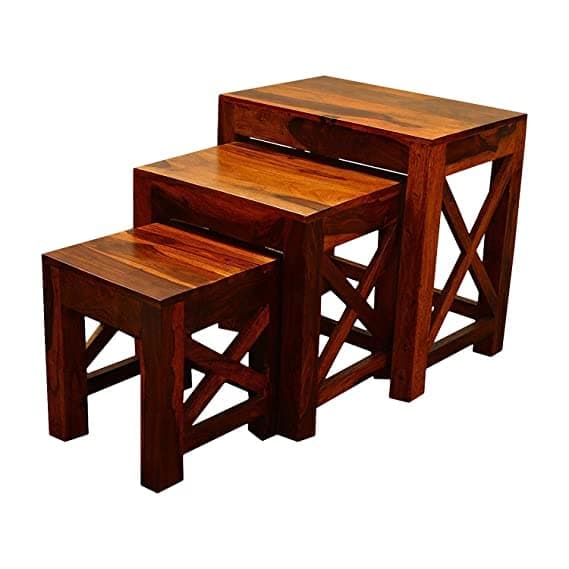 Sheesham Wood Nesting Table Set of 3 Stools for Living Room (Natural Teak Finish)