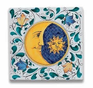 Hand Painted Sun and Moon Square Tile from Italy