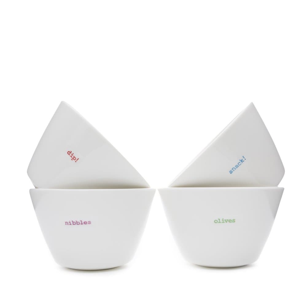 Keith Brymer Jones - Word Range - Ceramic Snack Bowl Set of 4 - Gift Boxed - Olives, Snack!, Nibbles, dip! - 200ml