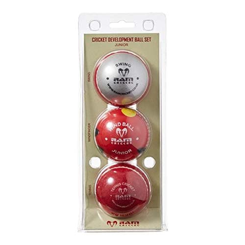 Ram Cricket Development Ball Set - multi pack of 3 development coaching balls (Swing Ball, Windfinger Ball and Tennis Cricket Ball) - Junior