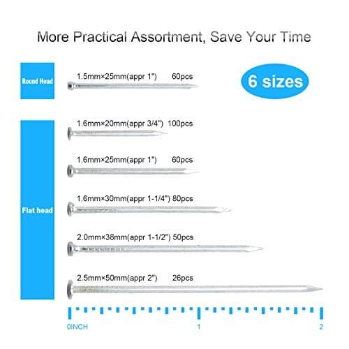 376pcs Premium Hardware Nails Assortment Kit, Maximum Length 2 Inches, Galvanized, Various Sizes, Flat & Round Head, Wood & Wall Nails, DIY Home Repairs & Crafting