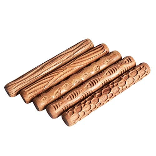 Fivtyily Wood Hand Rollers Pottery and Clay Tools Rolling Pin with Embossed Pattern (5 Pack)