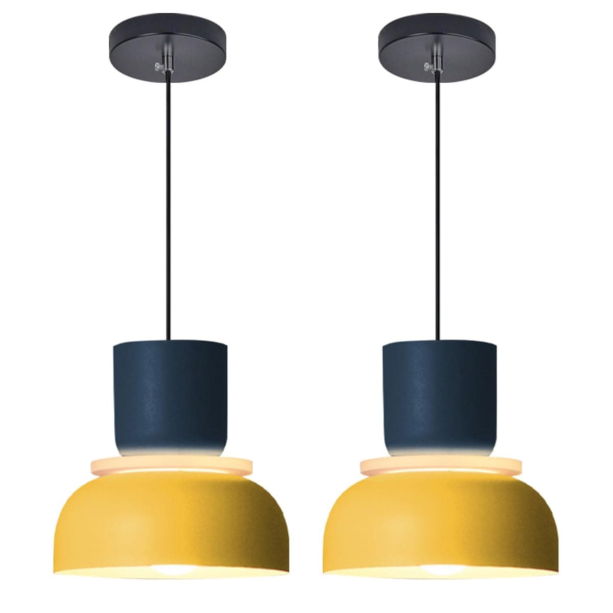 2-Lights Mid Century Pendant Light,Kitchen Island Nordic Hanging Lights Yellow Colorful Drum Shade Unique Aluminum Dome Lampshade Adjustable Pendant Light Schoolhouse Light Fixture