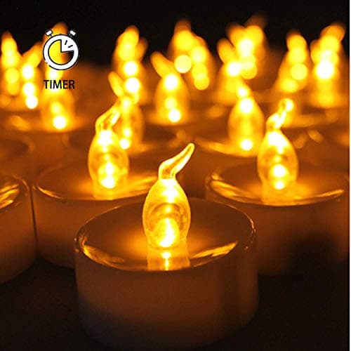 AGPtek 24 Pack Flameless Amber Yellow Wave Open Led Tea Light Candle Realistic flickering Bulb Timer 6 Hours On Seasonal Festival Celebration Electric Battery Fake Candle