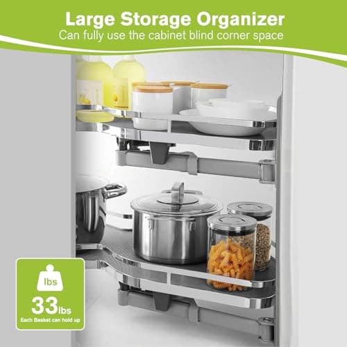 Blind Corner Cabinet Pull Out Organizer, Soft Close Swing Left Pull Out Cabinet Organizer 26 inch, Corner Cabinet Lazy Susan for Cabinet Blind Shelf, 2 Tiers Tray, Adjustable Height