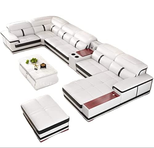 Luxury 8 Seater U Shape Sofa Set | White Leatherette Sectional Couch with Cup Holders Without Centre Table for Your Living Room/Office/Dining Room/Hall (Color - White) Pack of 1