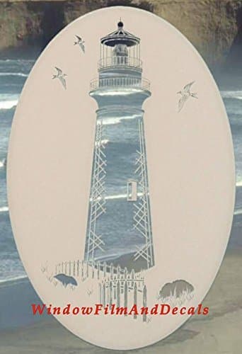 Lighthouse Oval Etched Window Decal Vinyl Glass Cling - 10.5" x 16" - White with Clear Design Elements