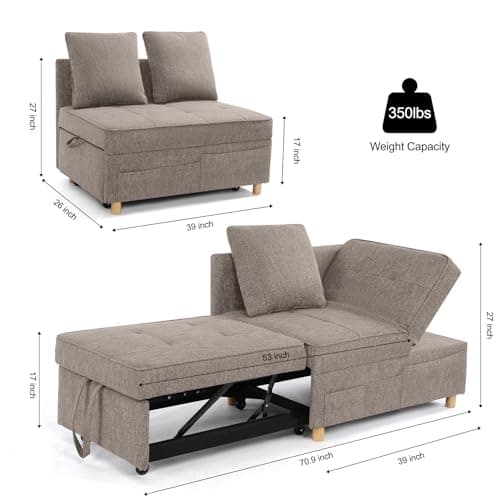 SEJOV Sofa Bed, 4-in-1 Convertible Sleeper Sofa, 3-Seat Pull Out Couch, Linen Fabric Sleeper Bed with 5 Adjustable Backrests & 2 Pillows for Small Space, Brown Grey