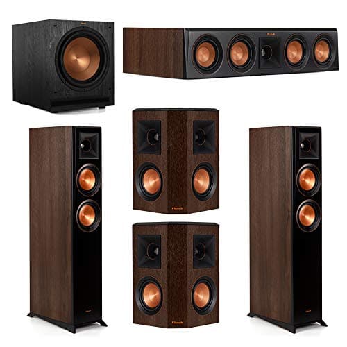 Klipsch 5.1 Walnut System 2 RP-5000F Floorstanding Speakers, 1 Klipsch RP-404C Center Speaker, 2 Klipsch RP-402S Surround Speakers, 1 Klipsch SPL-120 Subwoofer