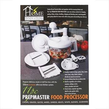 11 Piece Prepmaster White 7.5W 120V Food Processor with Stainless Steel Blade, Dishwasher Safe, Care Instructions: Hand Wash