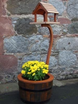 Bird table on barrel planter stand, small. Wild garden bird feeder from Buttercup Farm (Cream)
