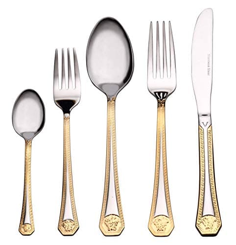 Venezia Collection 'Greek Medusa' 20-Pcs. Fine Flatware Set, Silverware Cutlery Dining Service for 4, Premium 18/10 Surgical Stainless Steel, 24K Gold-Plated Trim