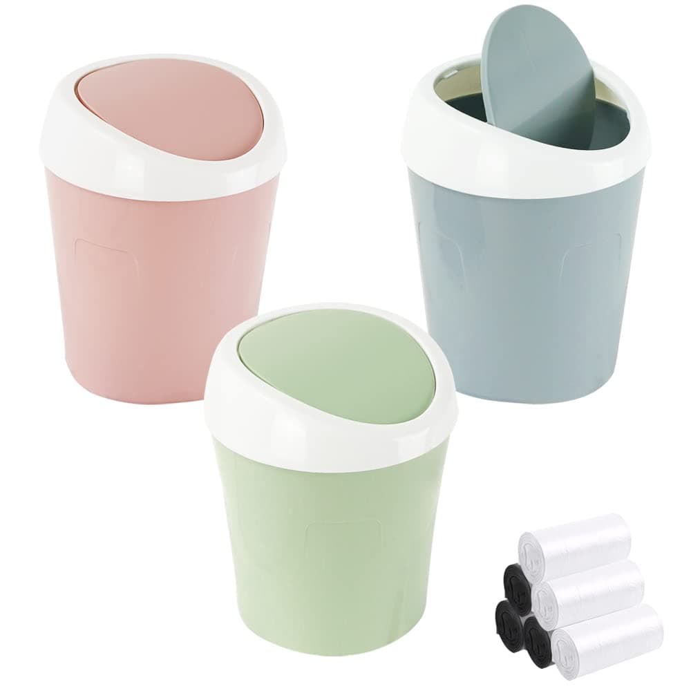 SITAKE3 Pcs Plastic Mini Wastebasket Trash Can with 180 Trash Bags, Tiny Desktop Waste Garbage Bin with Swing Lid for Home, Office, Kitchen, Vanity Tabletop, Bedroom, Bathroom (Blue + Green + Pink)