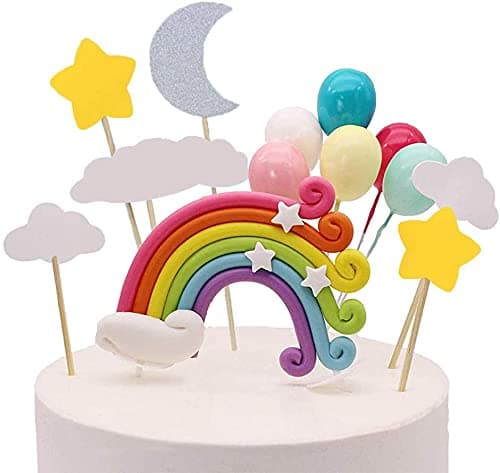 SoftcuteLee Cake Topper Kit Handmade Rainbow Cake Topper Cloud Balloon Moon Star Decoration Colorful Happy Birthday for Theme Party Baby Boy Girl Kid Birthday Party Decoration 12 Pieces(Multi-color)
