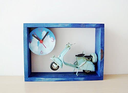 Blue Vespa clock, royal blue frame wooden clock for wall or desk with a sky blue Vespa scooter miniature