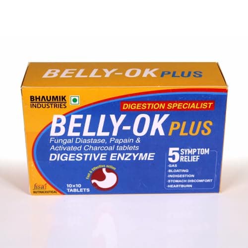 Belly OK Plus Digestive Enzymes with Activated Charcoal Tablets - 50 Days Pack | Effective Relief from Digestive Problems Like Gas, Bloating, Indigestion, Stomach discomfort & Acidity - Anytime, Anywhere| Boosts Digestion & Maximizes Nutrient Absorption| 100 Tablets (Veg) x Pack of 1