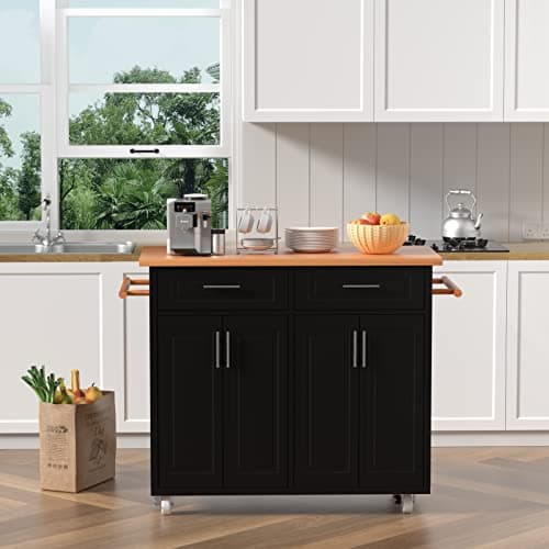 4 EVER WINNER Kitchen Island with Storage, Rolling Kitchen Island Cart with Storage Cabinets & Adjustable Shelve, Portable Mobile Kitchen Island Microwave Stand Coffee Cart for Kitchen, Black