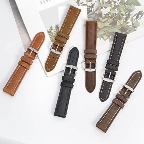 BISONSTRAP Watch Strap, Vintage Leather Replacement Bracelet, Band Width-14mm 15mm 16mm 17mm 18mm 19mm 20mm 21mm 22mm 23mm 24mm, Black with Beige Thread, 18mm, Retro